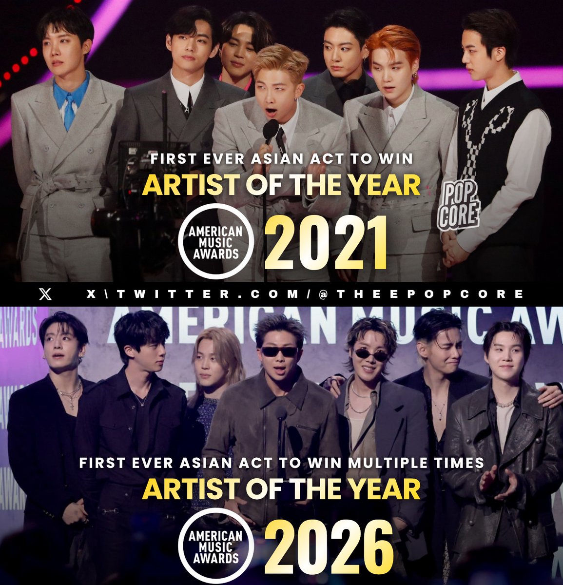 TheePopCore's tweet photo. BTS makes history by winning ‘Artist of the Year’ at the AMAs in both 2021 and 2026, remaining undefeated every time they’ve been nominated. https://t.co/g757zZ5FK9