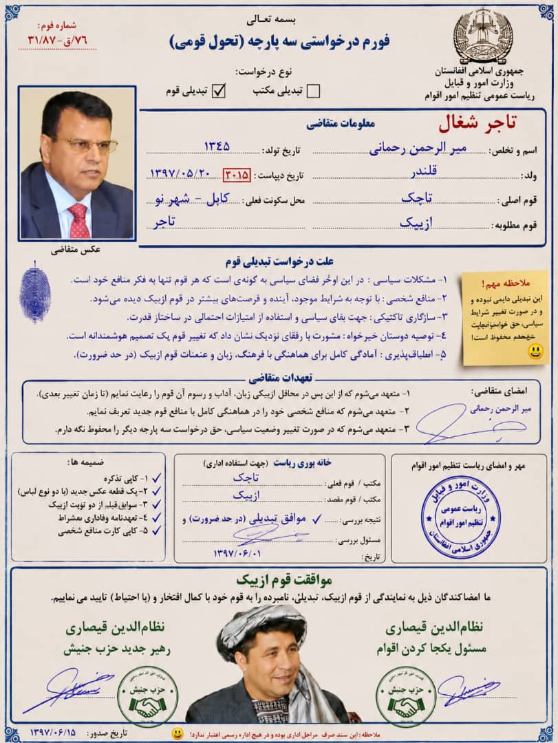 MEbrahimzay's tweet photo. میرالرحمن رحمانی طی یک توافق رسمی با سردار اوغلی، خود را از قوم تاجک به قوم ازبیکِ سه‌پارچه کرده و سند کتبی را نیز در این مورد به امضا رسانیده است. این توافق که بر اساس سعی و تلاش نظام‌الدین قیصاری، که یکجا کردن اقوام افغانستان را مکلفیت خود می‌داند، صورت گرفته، https://t.co/Q1f0R4ggA4
