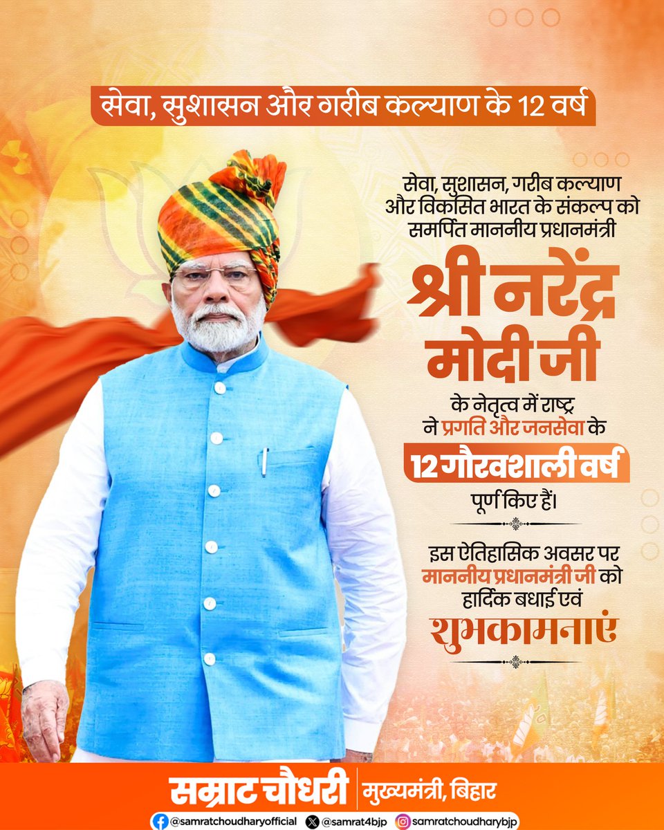 samrat4bjp's tweet photo. सेवा, सुशासन और गरीब कल्याण के 12 स्वर्णिम वर्ष

सेवा, सुशासन, गरीब कल्याण और विकसित भारत के संकल्प को समर्पित माननीय प्रधानमंत्री श्री @narendramodi जी के नेतृत्व में भारत ने जनविश्वास, विकास और राष्ट्रसेवा के 12 गौरवशाली वर्ष पूर्ण किए हैं।

इन 12 वर्षों में देश ने आत्मनिर्भरता, जनकल्याण, आधारभूत संरचना, डिजिटल क्रांति और वैश्विक नेतृत्व के क्षेत्र में नई ऊँचाइयों को प्राप्त किया है। अंतिम पंक्ति में खड़े व्यक्ति तक विकास का लाभ पहुँचाने का संकल्प आज एक सशक्त जनआंदोलन बन चुका है।

नए भारत के निर्माण हेतु समर्पित यशस्वी माननीय प्रधानमंत्री जी को इस ऐतिहासिक अवसर पर हार्दिक बधाई एवं शुभकामनाएं।

#12YearsOfSeva #SevaSushasanGaribKalyan #12YearsOfModiGovernment  #ViksitBharat #NewIndia #AtmanirbharBharat #GoodGovernance #GaribKalyan #DigitalIndia #SabkaSaathSabkaVikas