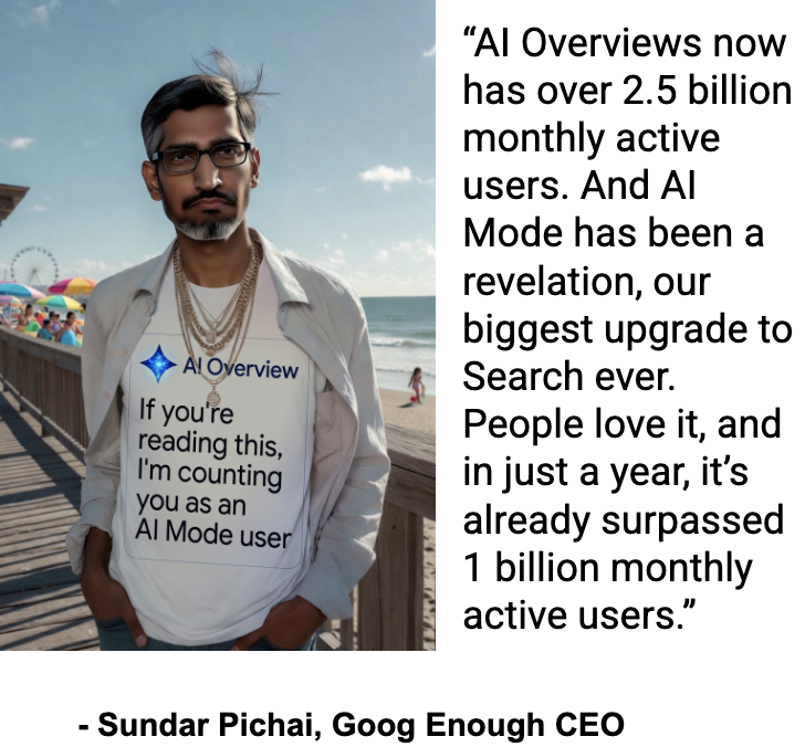Goog_Enough's tweet photo. Goog Enoughers keep bragging about how many monthly users AI mode has. I’m very curious what the actual count is if you only include people who actively seek out AI mode, as opposed to people who stumble into it / are forced to use it. Can you tell us @sundarpichai or @rmstein? https://t.co/a8P0EvrLLv