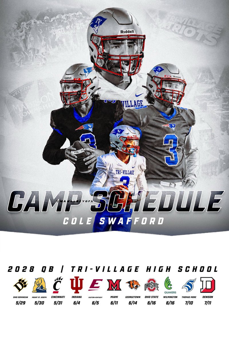 coleswafford3's tweet photo. Summer camp schedule. 
Every stop is a chance to compete, learn, and stack reps. Blessed for the opportunities ahead!

6’2” 170 lbs | QB | Class of 2028 | 4.0 GPA
Tri-Village High School
1,199 passing yards | 304 rushing yards
@QbQorral @qbcoachaiken @WOACSports @Jordan_kitna3 @TV_AthleticDept @JSwaff19 @CoachShanefelt @THE_OhioPlayers