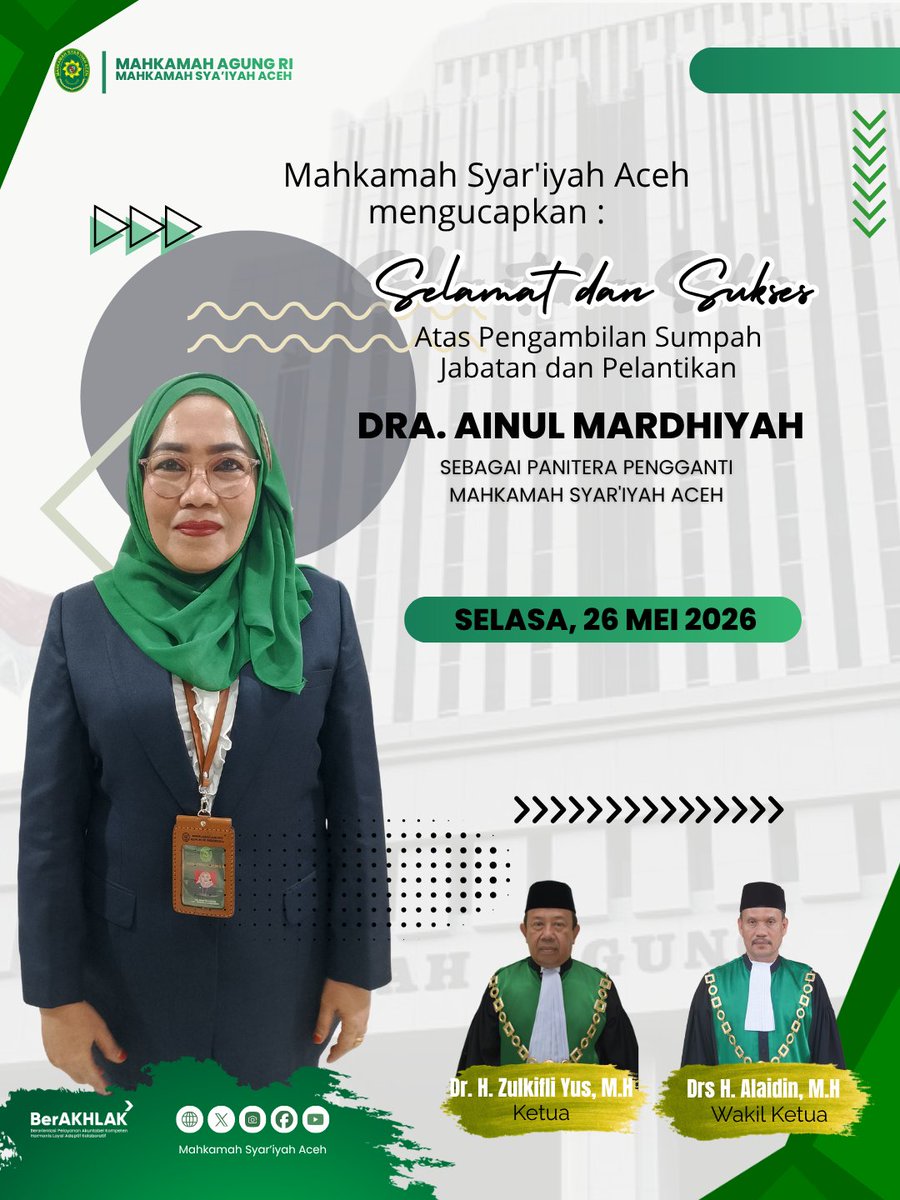 info_msaceh's tweet photo. 🌟 SELAMAT &amp; SUKSES 🌟

Atas Pelantikan
Ibu Dra. Ainul Mardhiyah
sebagai Panitera Pengganti Mahkamah Syar’iyah Aceh https://t.co/oFkSmtFoI9