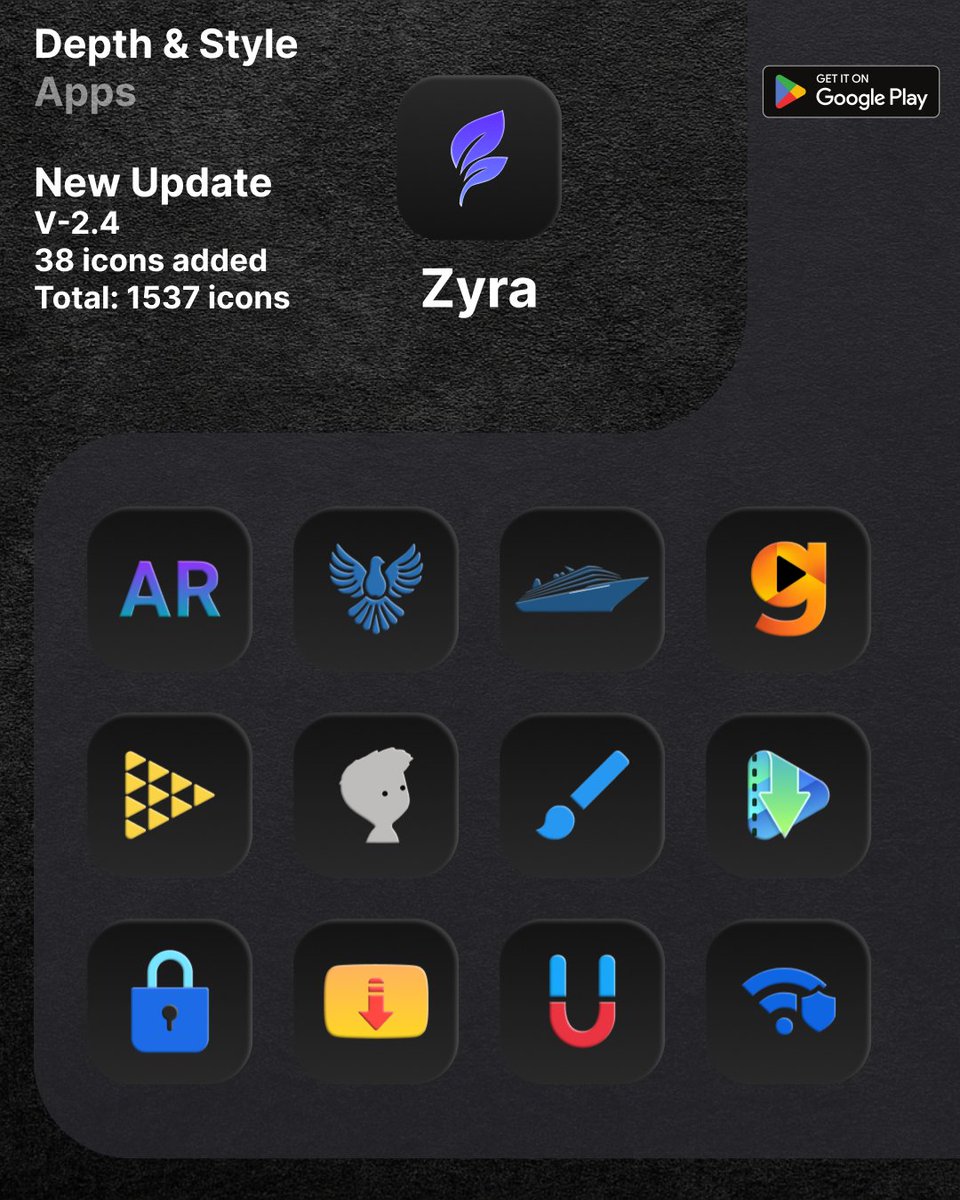 Android15Kustom's tweet photo. 🚀New Zyra Update Now Available!
✔️V-2.4
🔹️38 icons added.
🚀 In total more than 1537 icons. 

📦 Available on Google Play 
📍https://t.co/i4nieHwOqg 

#Icons #Android #Widgets https://t.co/9XJw3zPnLg