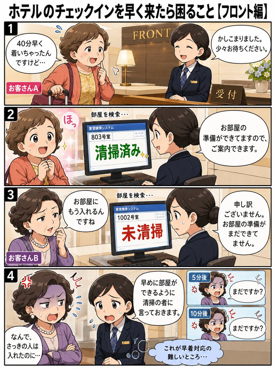 tabizarurizoba's tweet photo. ホテルのチェックイン早く来たら困ること

【フロント編】

聞かれる分には問題ない。

むしろ空いてたら、15時は混雑するから入れてあげたい（フロントの気持ちは）

ただ、こういうお客さんが増えるのが困るんです😓 https://t.co/8iOQSy79WW