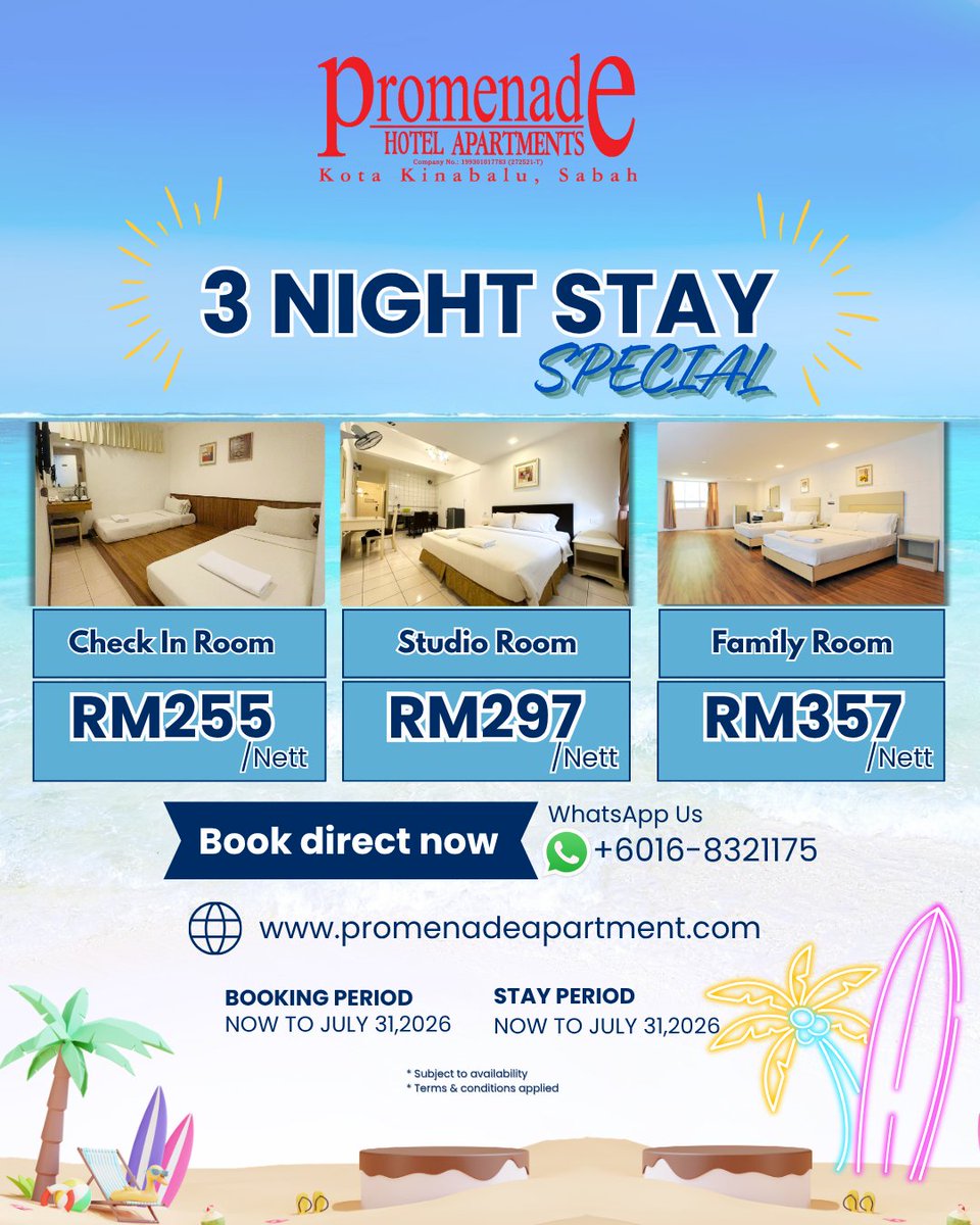 promenadeapt's tweet photo. Why check out early? 😉

Stay 3 nights at Promenade Hotel Apartment and enjoy more comfort, more savings, and more time in beautiful Kota Kinabalu 🌴

📲 https://t.co/NHJ0LDbtYe
📞 +6088 260888

#StayLongerSaveMore #KotaKinabalu #Staycation https://t.co/yw4M6xAif9