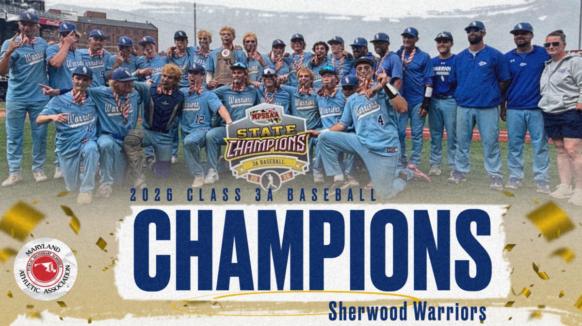 MPSSAA_Org's tweet photo. In Class 3A Baseball, the Sherwood Warriors edged out the Stephen Decatur Seahawks 2-1. This is their 5th title in 6 years. https://t.co/W9LJTkrwpJ