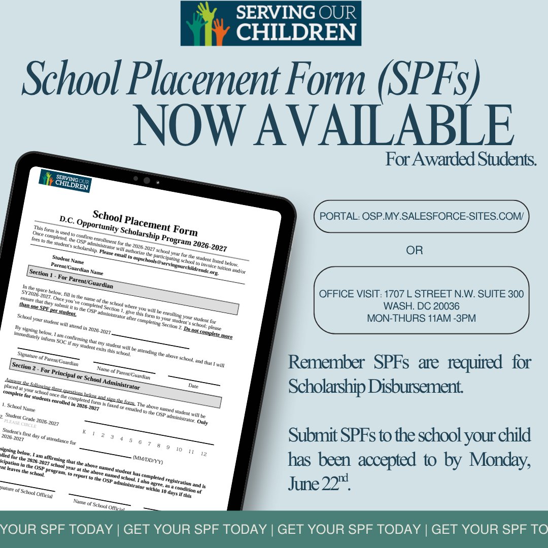 DCosp's tweet photo. Attention Awarded Families, 

We want to remind you that School Placement Forms are now available via the OSP Portal or In Office visit. 

The SPF Deadline to submit to the OSP School your child has been accepted is Monday, June 22, 2026. https://t.co/Hs7oHtXofn