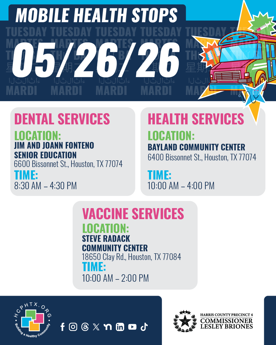 hcphtx's tweet photo. 🚐 Mobile Health Events This Week.
Care is on the move with multiple stops happening all week—find one that fits your schedule and stop by! 

🗓️ May 26 – 30 
🔗 View the full schedule: https://t.co/oRi8jWvhua https://t.co/KiSYXk7AoU