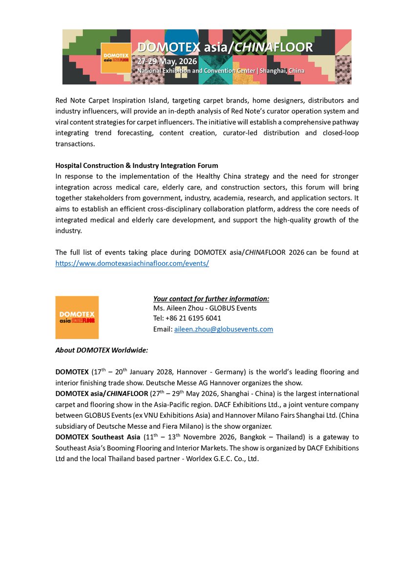 Archibuildmag's tweet photo. DOMOTEX asia/CHINAFLOOR 2026 to unite the global carpet and flooring industry in Shanghai, reinforcing Asia’s role as a driving force in industry’s transformation

Read the full press release. (Photo source: DOMOTEX asia/CHINAFLOOR) https://t.co/QebEh16c5v