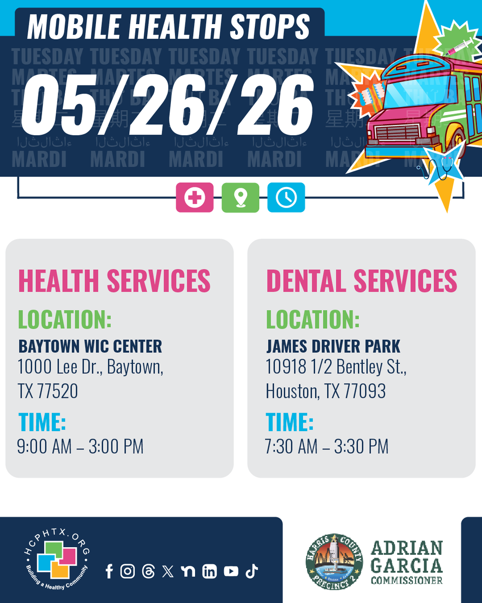 hcphtx's tweet photo. 🚐 Mobile Health Events This Week.
Care is on the move with multiple stops happening all week—find one that fits your schedule and stop by! 

🗓️ May 26 – 30 
🔗 View the full schedule: https://t.co/oRi8jWvhua https://t.co/KiSYXk7AoU
