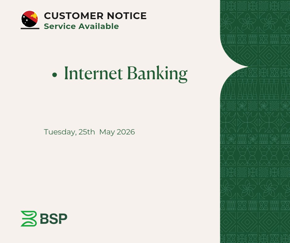 BSPPacific's tweet photo. BSP GROUP | Internet Banking Available

Following the disruption to Internet Banking services on Monday, 25 May,  Internet Banking is now available. We apologise for any inconvenience yesterday’s outage may have caused.

We are currently conducting a thorough investigation into the root cause of this disruption and will provide further updates as additional information becomes available.
