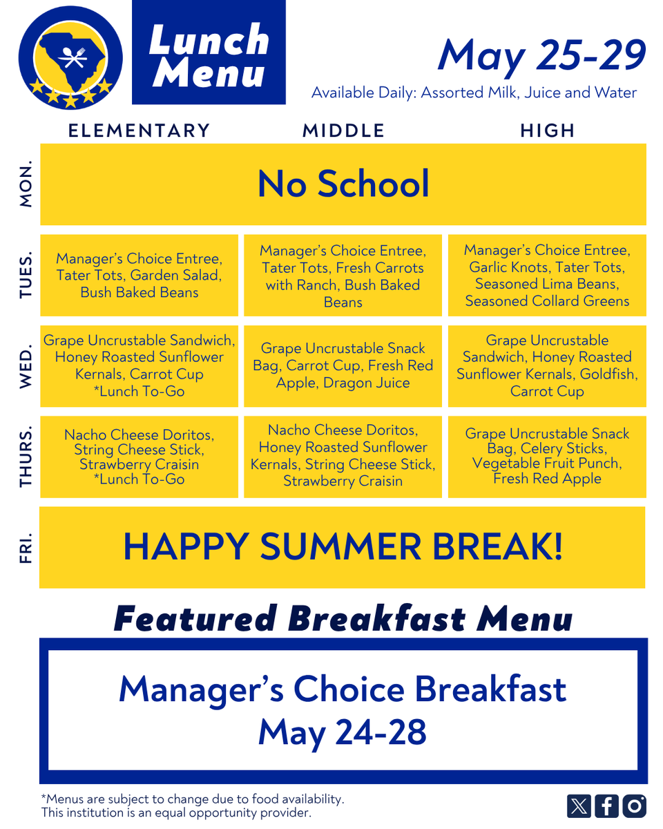 ECSD_SC's tweet photo. The final week of the 2025-26 school year has arrived with final exams, half days, and Strom Thurmond High School graduation! THANK YOU to each and every member of our amazing ECSD Family for helping make this school year a tremendous one.

Here are your ECSD #GreatEats for the abbreviated school week, provided as always by our dedicated Edgefield County School District Child Nutrition team members.

We will be operating on a half-day schedule on Wednesday (5/27) and Thursday (5/28) of this week.

Have a great (short) week, ECSD!

#GrowingGreatness
#Together