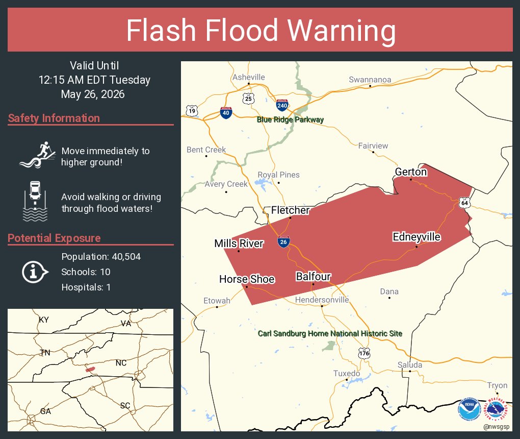 NWSGSP's tweet photo. Flash Flood Warning including Fletcher NC, Mills River NC and  Mountain Home NC until 12:15 AM EDT https://t.co/2NJdO9n6cz