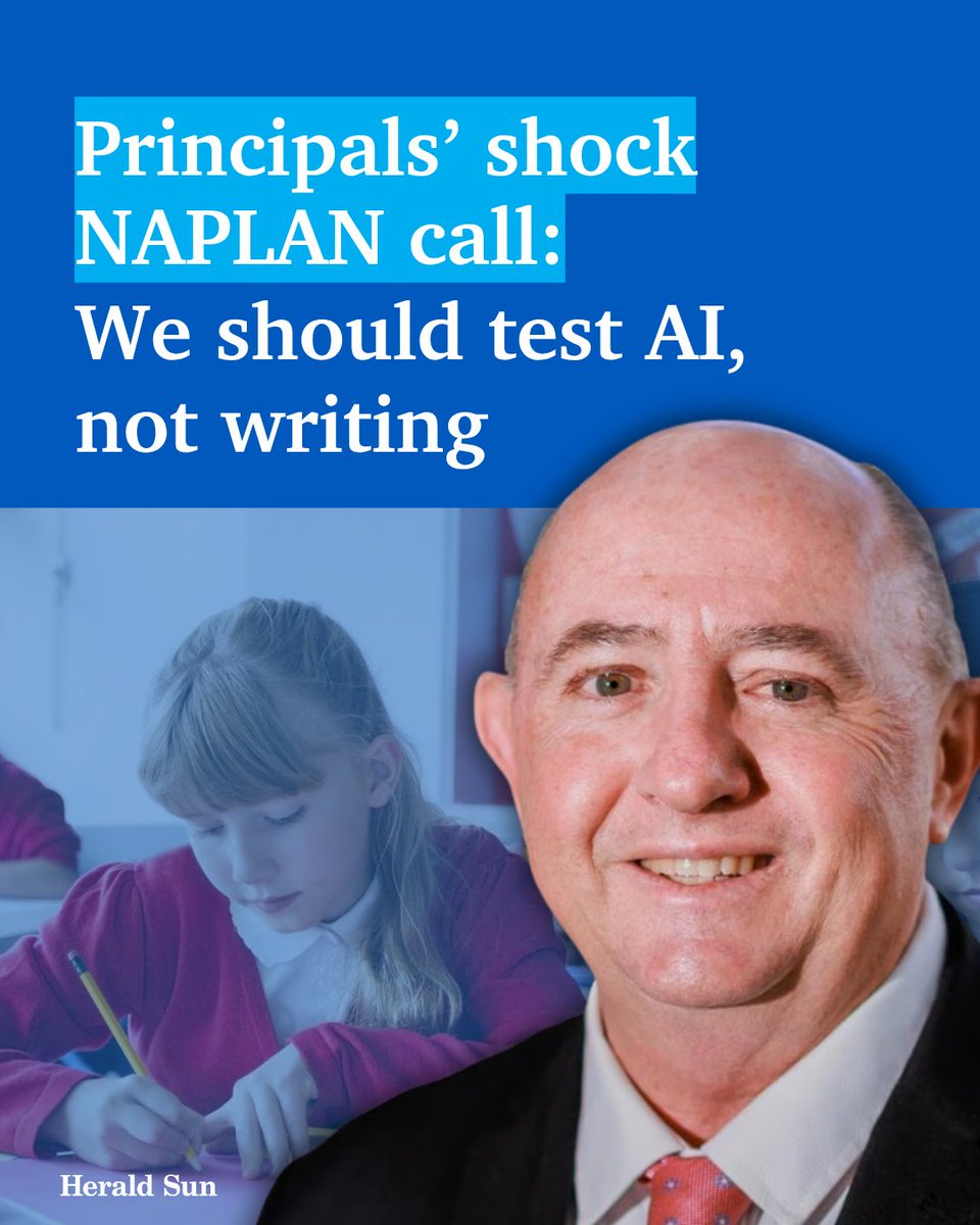 theheraldsun's tweet photo. School principals have launched a radical push to dump NAPLAN writing tests entirely, arguing AI skills matter more than the ’outdated’ and trouble-plagued writing assessment > https://t.co/TLcxAeYI9J https://t.co/rnPMyxS4oK