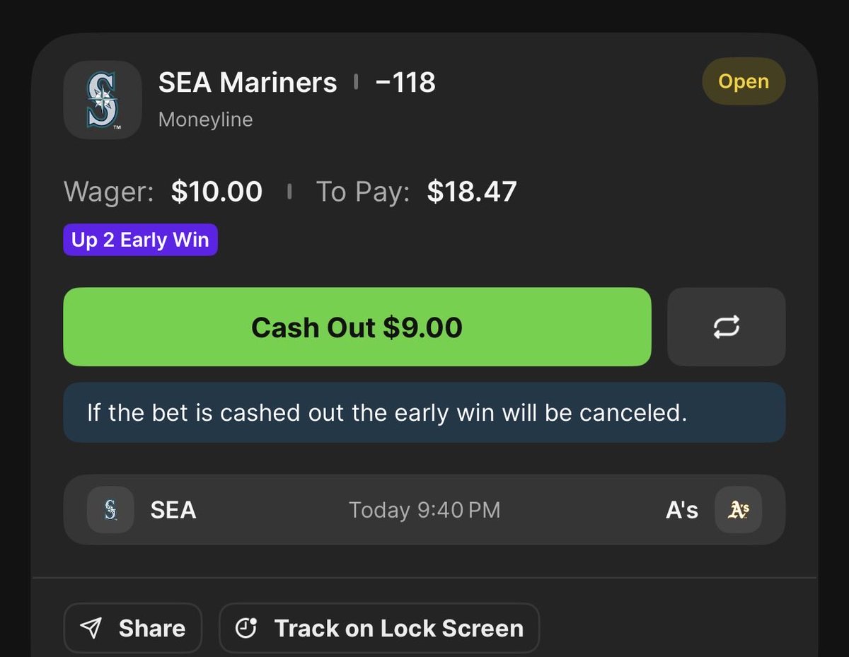 SalRezolve's tweet photo. Early win Mariners -118 https://t.co/oQ6Z1URGDe