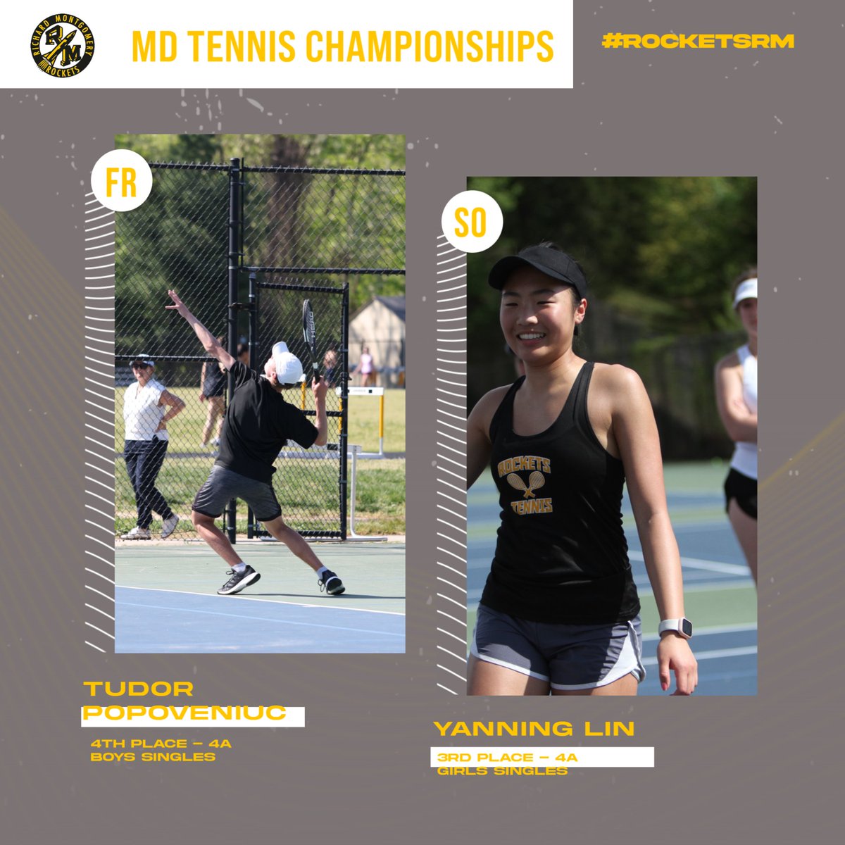 RocketsSportsRM's tweet photo. Spring Season Championships come to an end with our R.M. Freshman Boys Singles Tudor Popoveniuc finishing 4th and our Sophomore Yanning Lin finishing 3rd for Girls Singles in the 4A State consolation matches. Rockets!! https://t.co/mkYGuQyMHa
