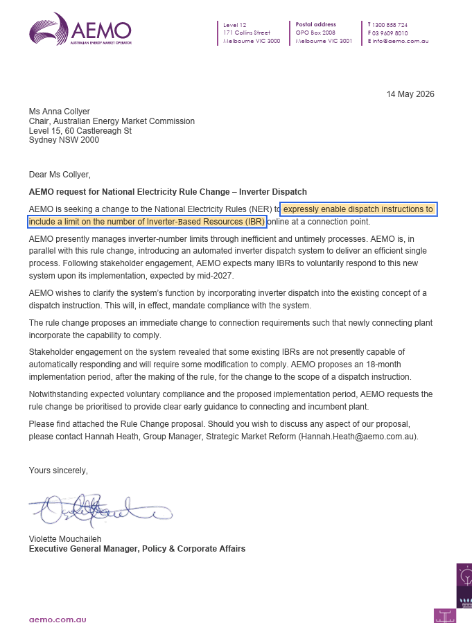 FootnotesGuy's tweet photo. Oh look... AEMO requesting a new rule change to make it quicker and easier to curtail renewables when there's too much at a connection point for the network to handle.

Ping @ryan_cropp and any other journalist covering the energy transition. 1/ https://t.co/P8L3fjxRjC