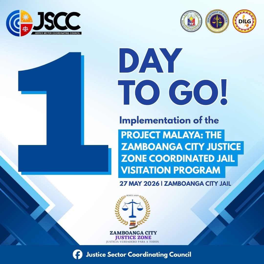dojphofficial's tweet photo. 𝟭 𝗗𝗔𝗬 𝗧𝗢 𝗚𝗢! | Join the JSCC and the ZCJZ in this effort to strengthen access to justice, hope, and opportunity for the PDLs, while building a more humane, inclusive, and responsive justice system for all.

#JSCC
#JusticeZone
#ZCJZ #ProjectMALAYA https://t.co/mmt6z6kHbP