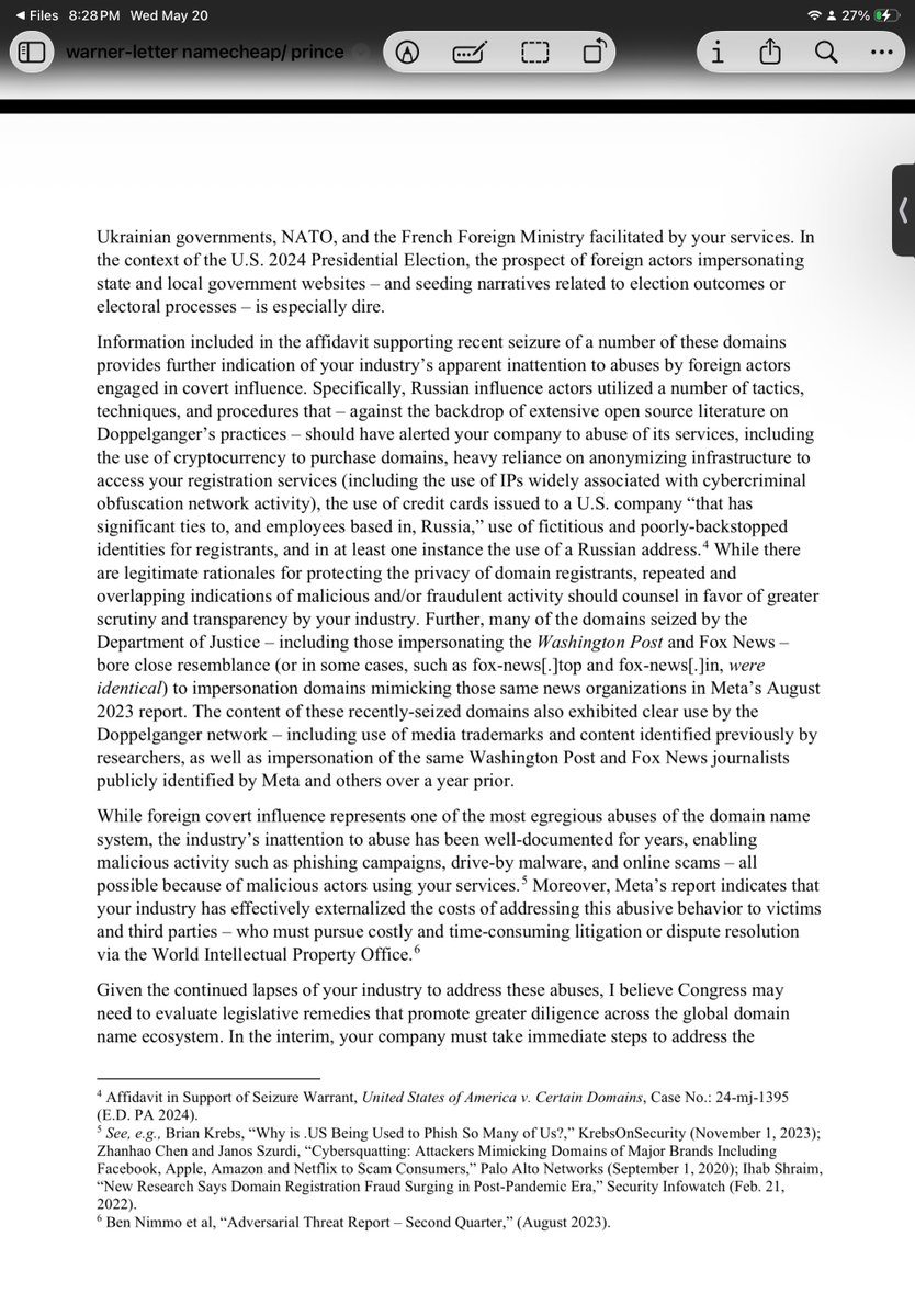 vbbernard's tweet photo. And the last thing about this (for now cuz there’a still so much to tell yall about all of this) is that Senator Warner had sent a letter to the heads of some of these companies warning them of their lack of stopping project Doppleganger: https://t.co/vGuBcVKVhA