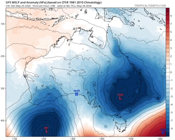 weatherzone's tweet photo. A large, complex system of low pressure is establishing itself over the southeastern mainland this week, in an unusual set-up for the last week of autumn. https://t.co/vlBwV54aw9

📷 Image: Predicted mean sea level pressure anomaly across Australia for Thursday, May 28, 2026. Source: Tropical Tidbits