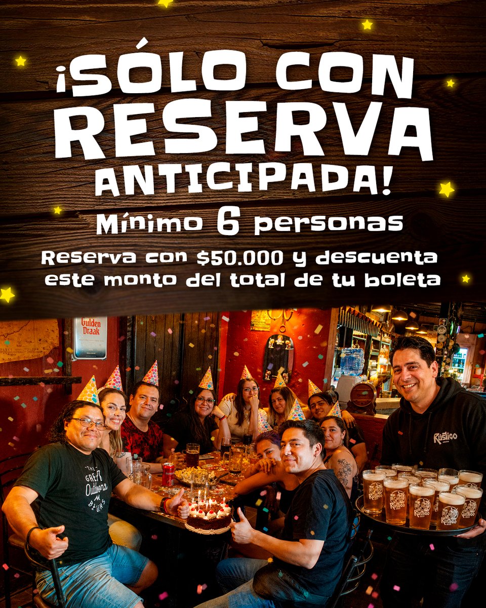RusticoBrewPub's tweet photo. 🎉 ¡Tu cumpleaños se celebra mejor en el Rústico!  
🍺 20% DCTO en cervezas de la casa
🥳 Beneficios exclusivos para tu grupo:

- Mesero/a exclusivo en tu salón
- Salón semi privado y climatizado
- Menor tiempo de espera en tu pedido
- Trae tu tortita y decora tu mesa 🎂 https://t.co/ttSSPFdfwS