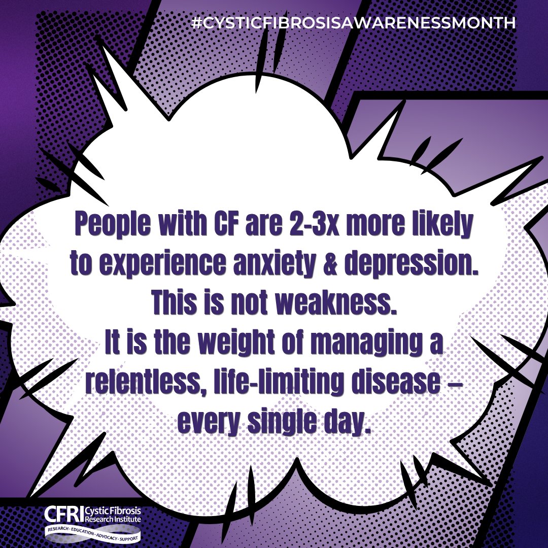 CFRI_CureCF's tweet photo. People with CF are 2-3x more likely to experience anxiety &amp; depression. The psychological burden of daily treatments, hospitalizations, uncertain futures &amp; physical exhaustion is significant. Mental health care is not a luxury in CF management. It is a clinical necessity. https://t.co/9VbRwP1Gg9