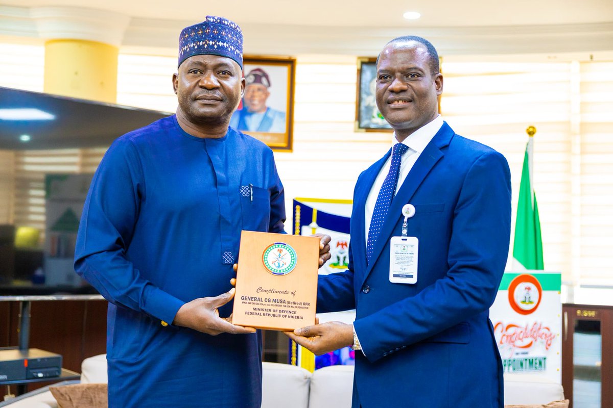 MODInfoNg's tweet photo. PHOTO NEWS 

The Honourable Minister of Defence General Christopher Gwabin Musa (rtd) OFR paid a  working Visit to the Honourable Minister of Finance and Coordinating Minister for the Economy  Prof Taiwo Oyedele at the Ministry of Finance. https://t.co/NNnD4G9U4K