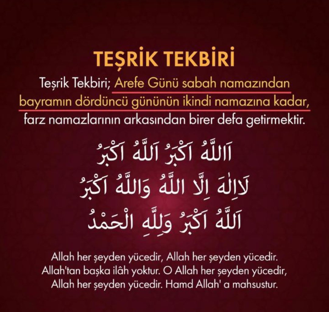 islamdini610's tweet photo. Arefe günü sabah namazıyla başlayıp bayramın son günü ikindi namazıyla biten teşrik tekbirleri Şafiî mezhebine göre müekked sünnet, Hanefilere göre ise vaciptir. Teşrik tekbirleri sadece farz namazların akabinde değil; kaza, nezir ve nafile namazların ardından da getirilir. https://t.co/W5qhRGXc79