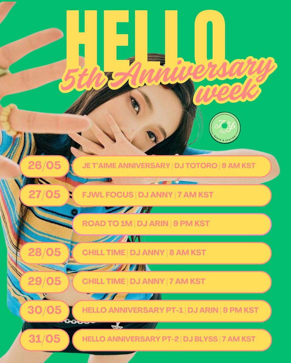 JOYful_station's tweet photo. It’s HELLO 5th Anniversary Week 💚 

Come join us for a bit of celebration with some joyful music! Refer to the schedule below 🎧

🔗 https://t.co/NKYqJP4ZcT
        https://t.co/DFnwF8NtRx

#JOY #조이 @RVsmtown https://t.co/xyHwiGoP1S
