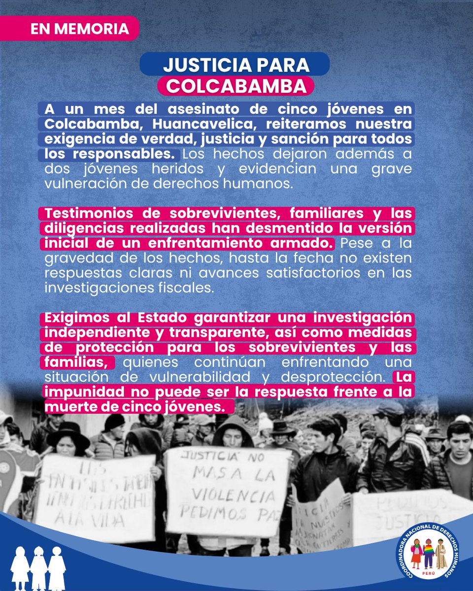 cnddhh's tweet photo. 🕯️ A un mes de la masacre en Colcabamba, seguimos exigiendo verdad y justicia para los cinco jóvenes asesinados.

Las familias y sobrevivientes continúan esperando respuestas claras y una investigación transparente. La impunidad no puede ser la respuesta frente a estos graves hechos.

✊🏽 Justicia para Colcabamba