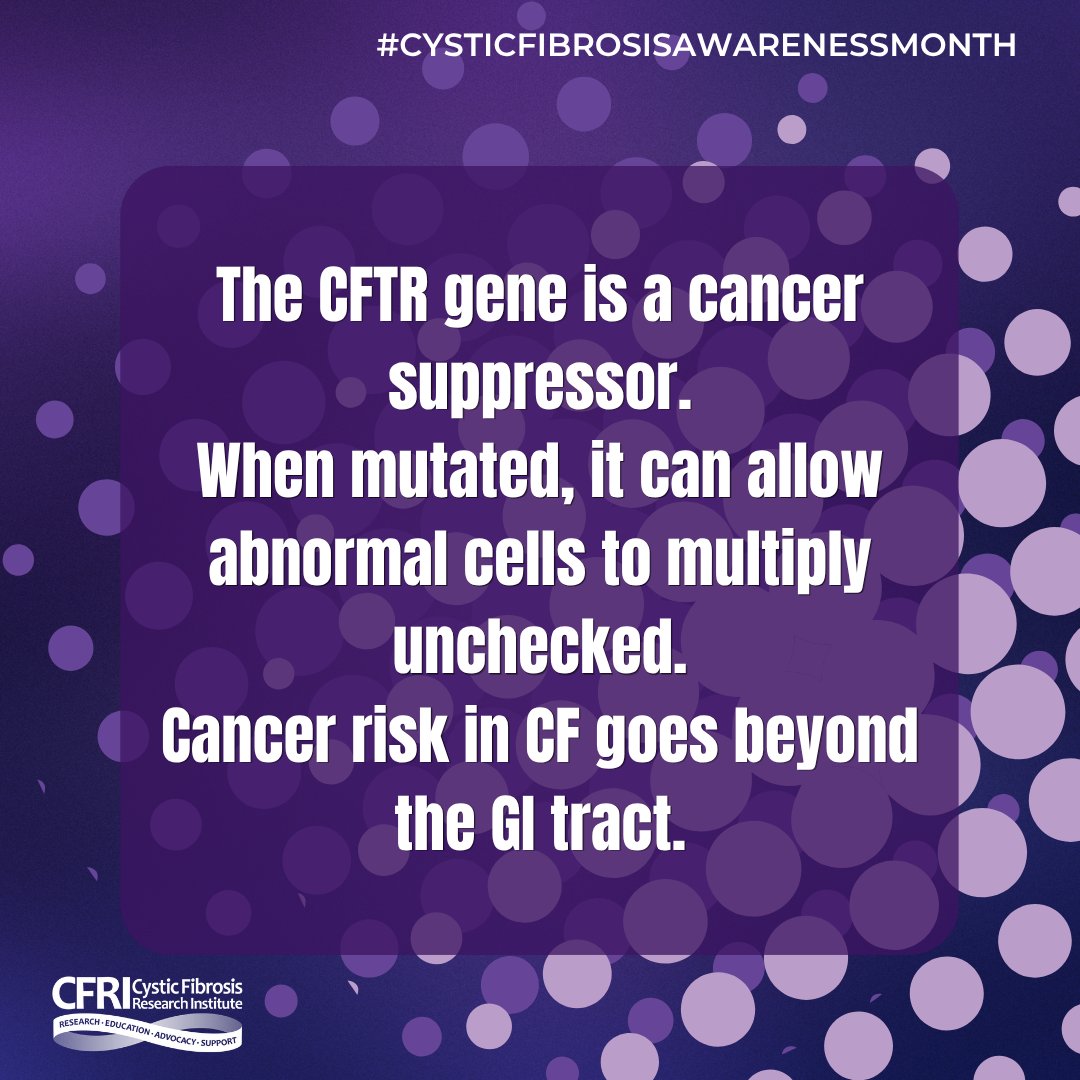 CFRI_CureCF's tweet photo. CF-related cancer risk extends beyond the GI tract. CFTR mutations, chronic inflammation, and transplant medications can raise risks for colon, skin, cervical, and lung cancers. The message is clear: screen early, stay vigilant, and advocate for yourself at every appointment. https://t.co/SyIdn8RGeW