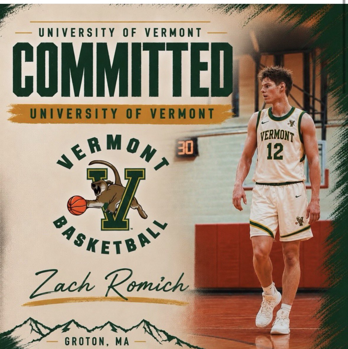UVMMBFannatics's tweet photo. ‼️COMMITMENT ALERT‼️ 
UVM fans please give a warm welcome to @Zach_Romich24 for joining Catamount Country! Zach is listed as a 6ft3in shooting guard coming out of Kimball Union Academy Prep. UVM’s second high school commit in the 2026 class. https://t.co/vMeWVh72am
