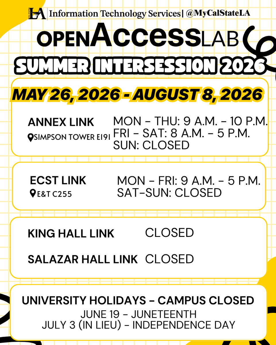 MyCalStateLA's tweet photo. Hey Golden Eagles! Here are the summer intersession schedules for our Open Access Labs! The Labs are equipped with multiple PCs, Macs, and printers. The computers are also available for Remote Access. Learn more at https://t.co/hqCg43RmlH #CalStateLA_ITS #MyCalStateLA #OAL https://t.co/nzO0SnnIZg