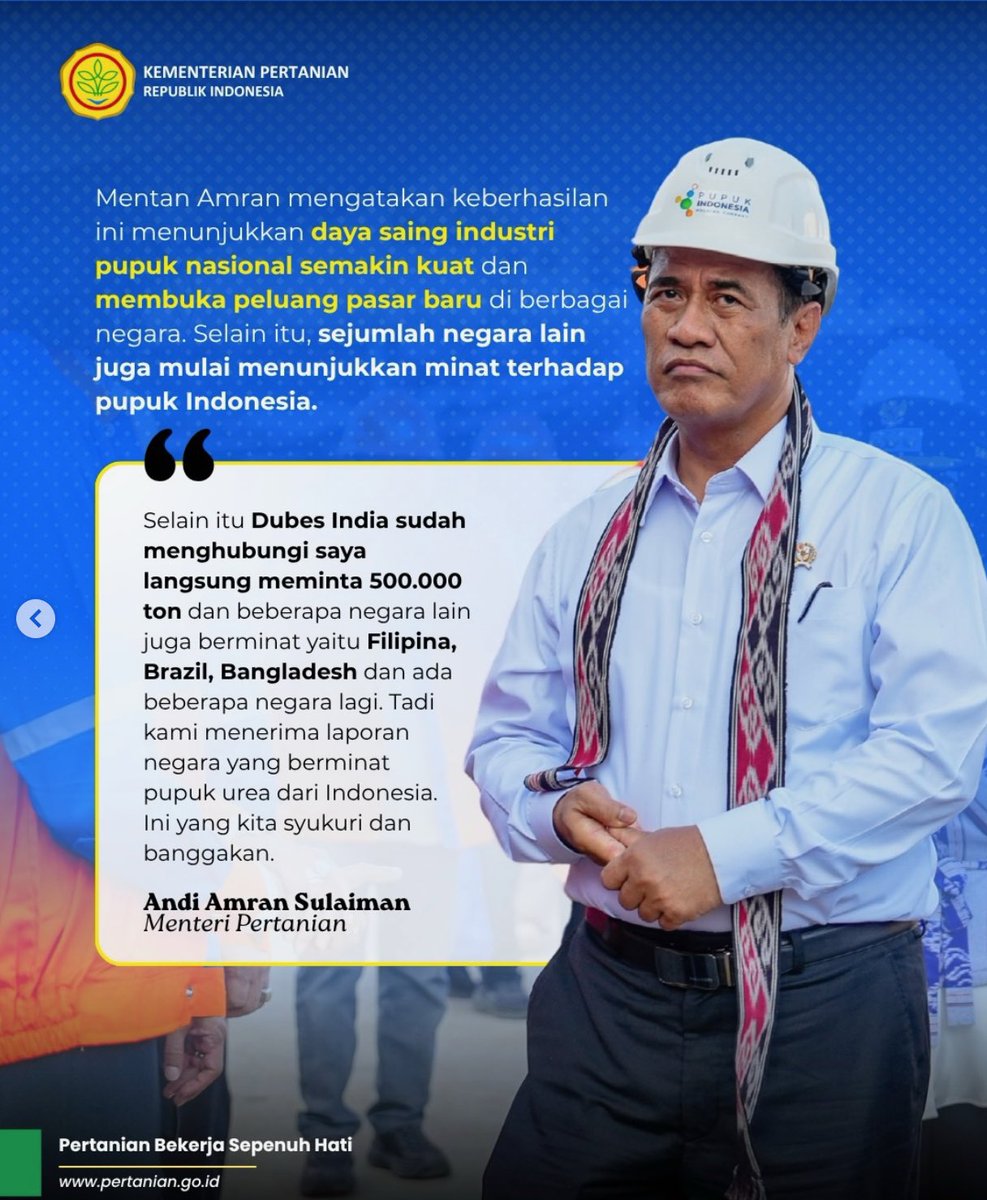 BbpptpAmbon's tweet photo. Kabar baik untuk kita semua. Ekspor perdana pupuk urea Indonesia ke Australia menjadi tonggak baru penguatan industri pupuk nasional.

Repost: @kementan https://t.co/2E5VhAtExo
