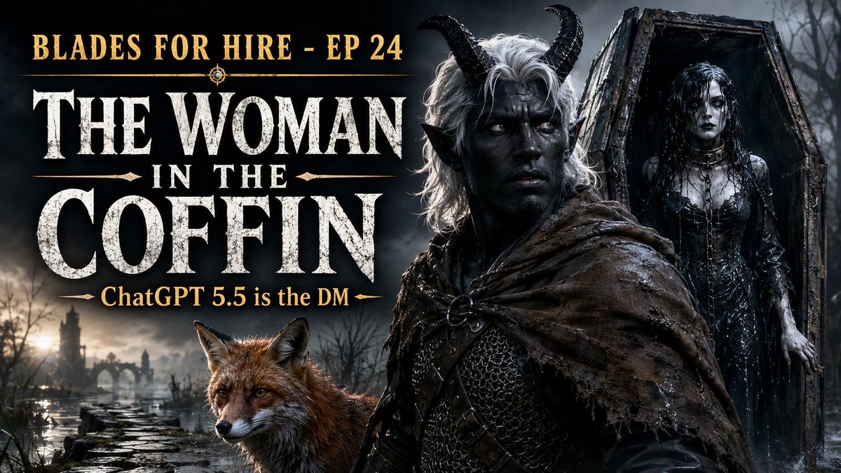 Glasswalker33's tweet photo. Blades for Hire Ep 24: The Woman in the Coffin is live!

I play Simon, a tiefling fighter/rogue, while ChatGPT 5.5 DMs the solo D&amp;D campaign. Coffin in a corpse-giant. Cursed collar. Bad marsh vibes.

https://t.co/fTma038HWL

#DnD #SoloDnD https://t.co/1JqgAhNeLp
