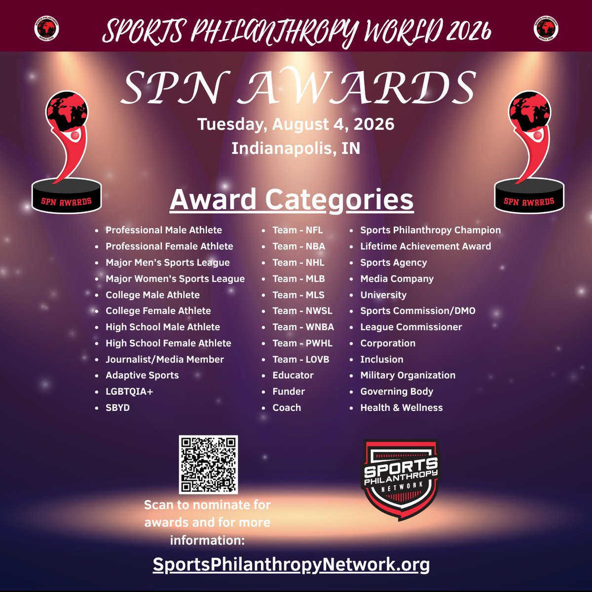 SportsPhilanNet's tweet photo. Sports Philanthropy Network Awards are being presented this year at the Sports Philanthropy World Conference!

Who do you know that should be nominated in one of these categories?

https://t.co/Zk8CWxmv8V

#SportsPhilanthropyNetwork
#SportsPhilanthropyWorld
#SportsPhilanthropy
#Sports
#Philanthropy
#Athletes
#Foundations
#Awards
#Nonprofits
#Leaders
#Community
#Impact