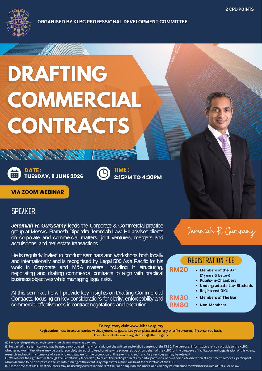 klbar's tweet photo. REMINDER | Drafting Commercial Contracts On 9 June 2026

Registration link: https://t.co/CWDrB72hHG https://t.co/ZWlzCUQmrP