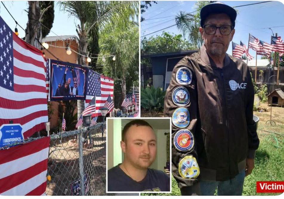 VinceSheetz's tweet photo. Trump Supporter Beaten - to death...

###

BREAKING NEWS: The New York Post is reporting that the man known locally for the famous “Trump House” in Southern California has died after suffering injuries from a violent attack.

Kerry Sheron, a 69-year-old U.S. Army veteran pictured on the right, was widely known in the community for displaying large Trump signs, MAGA decorations, and numerous American flags around his property. After spending several days in the hospital, Sheron passed away Sunday night.

According to prosecutors, the confrontation happened on May 20 outside Sheron’s home. Authorities allege that 32-year-old Thomas Caleb Butler assaulted Sheron without provocation.