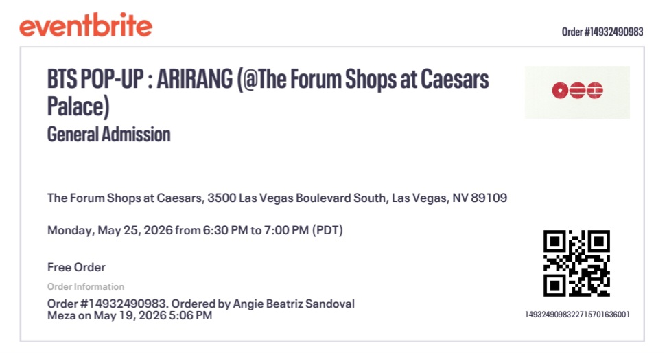 2001Angisita's tweet photo. Hi! I have a ticket for the BTS Pop-Up in Las Vegas, but I won't be able to make it because I'll be at the AMAs. I'm giving it away to see if anyone else can use it. Good luck! 🥹

#btslasvegas #popupbts #arirangtour #Borahae https://t.co/ZIZZoB71bA