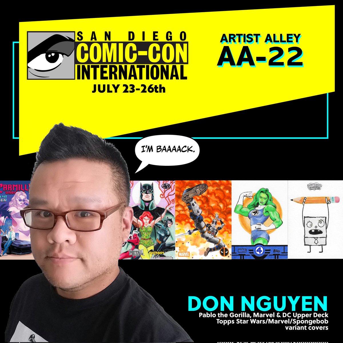 nguyeningit's tweet photo. Look who's back. 

Find me at #SDCC Artist Alley AA-22! Commissions are open.

#FriendsList coming soon. Organizing the #IndieFloorTour, repping @Topps &amp; @UpperDeckEnt product I'm on &amp; there will be 2 Life Drawing on the Go! Sessions!!!

I'm going to be such a menace 😈 https://t.co/HHn0QSbl4A