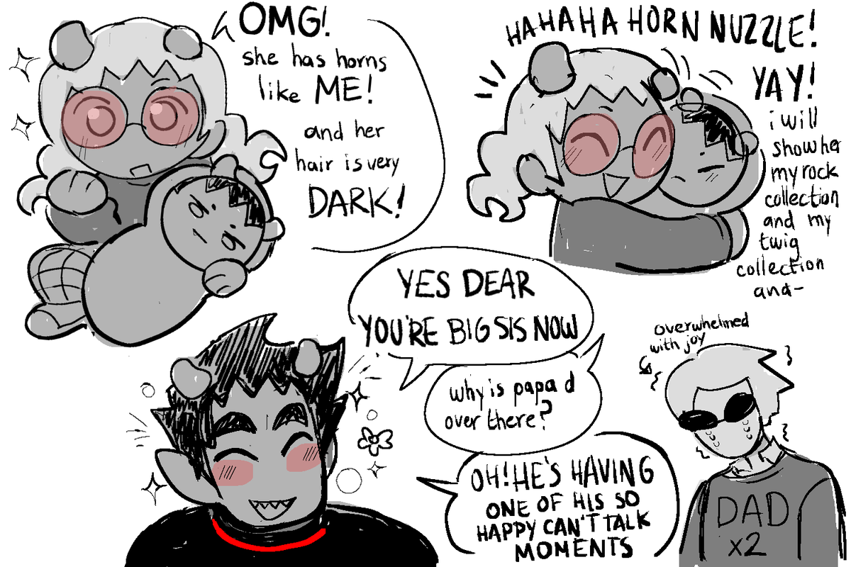 my Tomodachi davekat had a second child today so I drew what could be the family having a cute moment. Her name is Kopis Vantas. #davekat 