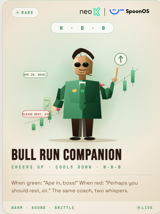BonRobin4's tweet photo. Do you need a "Bull Run Companion"? We are ready for you. @SpoonOS_ai #NBTI #SBTI https://t.co/sai1kEJYsi