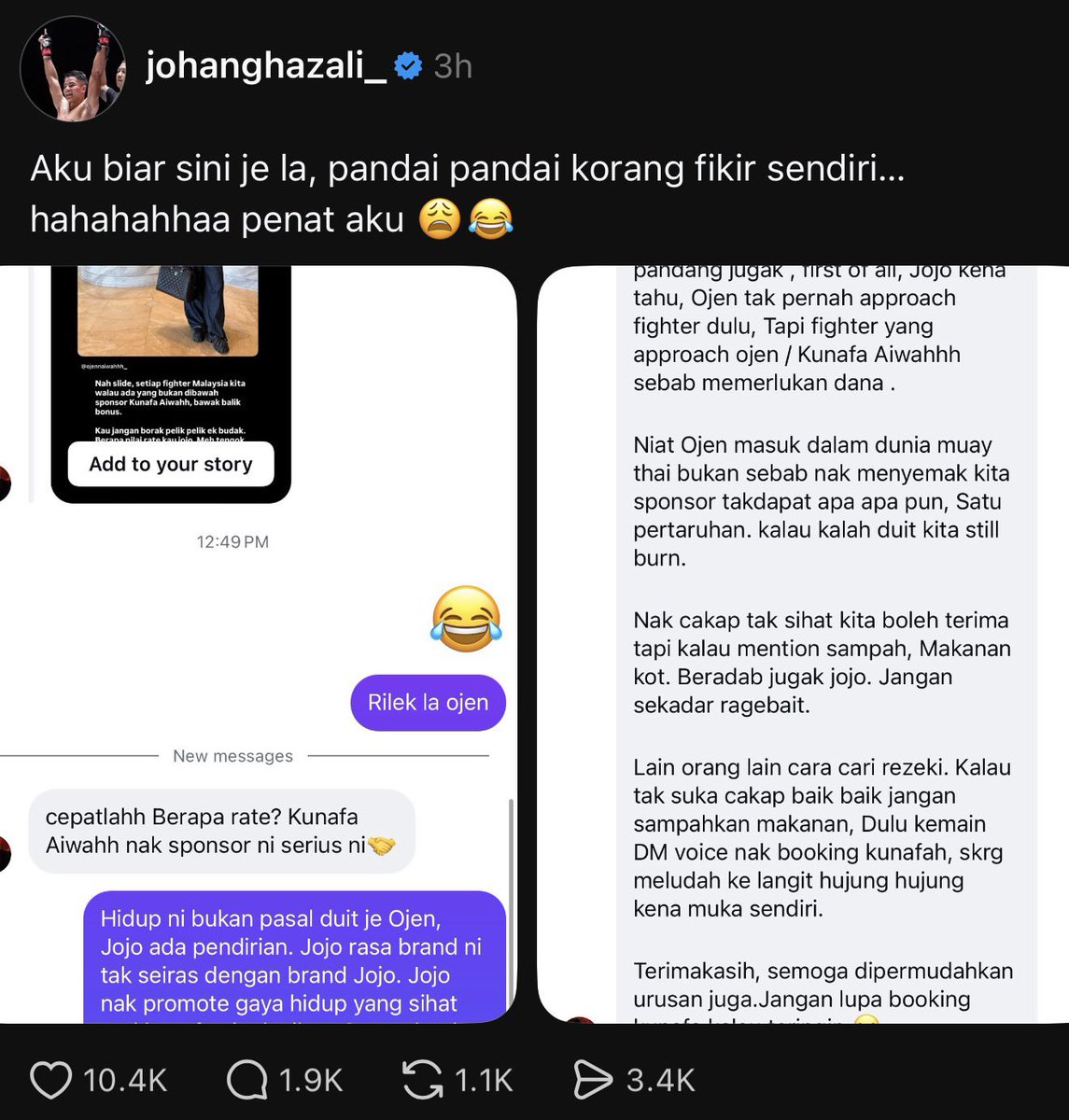 mhmmdhsm's tweet photo. Aku harap ojen saman johan sebab jatuhkan reputasi kunafa. Sbb dulu dia penah kata jangan main2 dengan orang ada duit 

Ini dengan johan takkan tak boleh pulak 😮‍💨 https://t.co/u0KcC3poI3