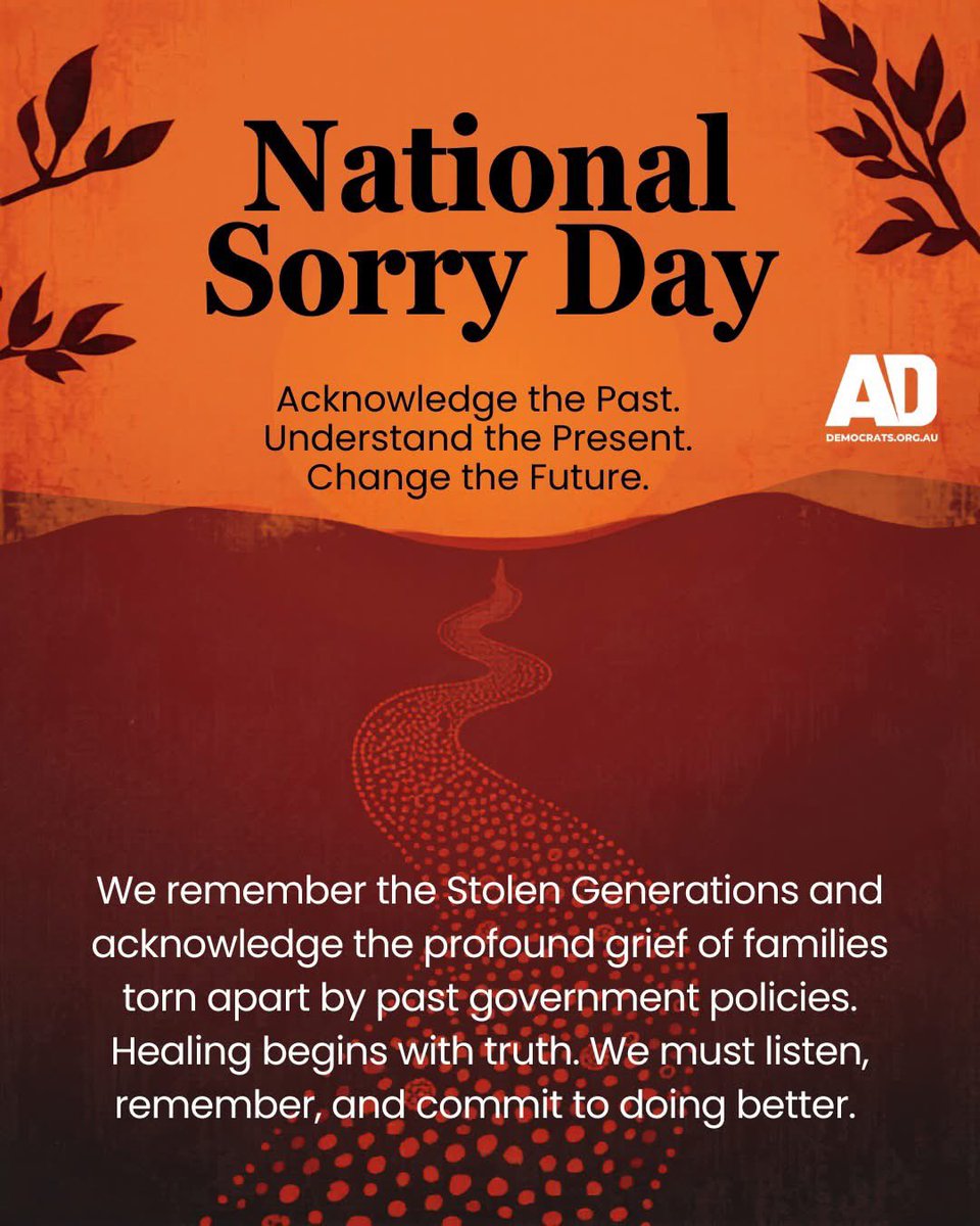 AustDems's tweet photo. Today is National Sorry Day. It is a day of deep reflection for all as we remember and honor the Stolen Generations - the Aboriginal and Torres Strait Islander children who were forcibly removed from their families, language, culture, and Country.

🖤💛❤️ 

#NationalSorryDay https://t.co/pSoZJQQsD3