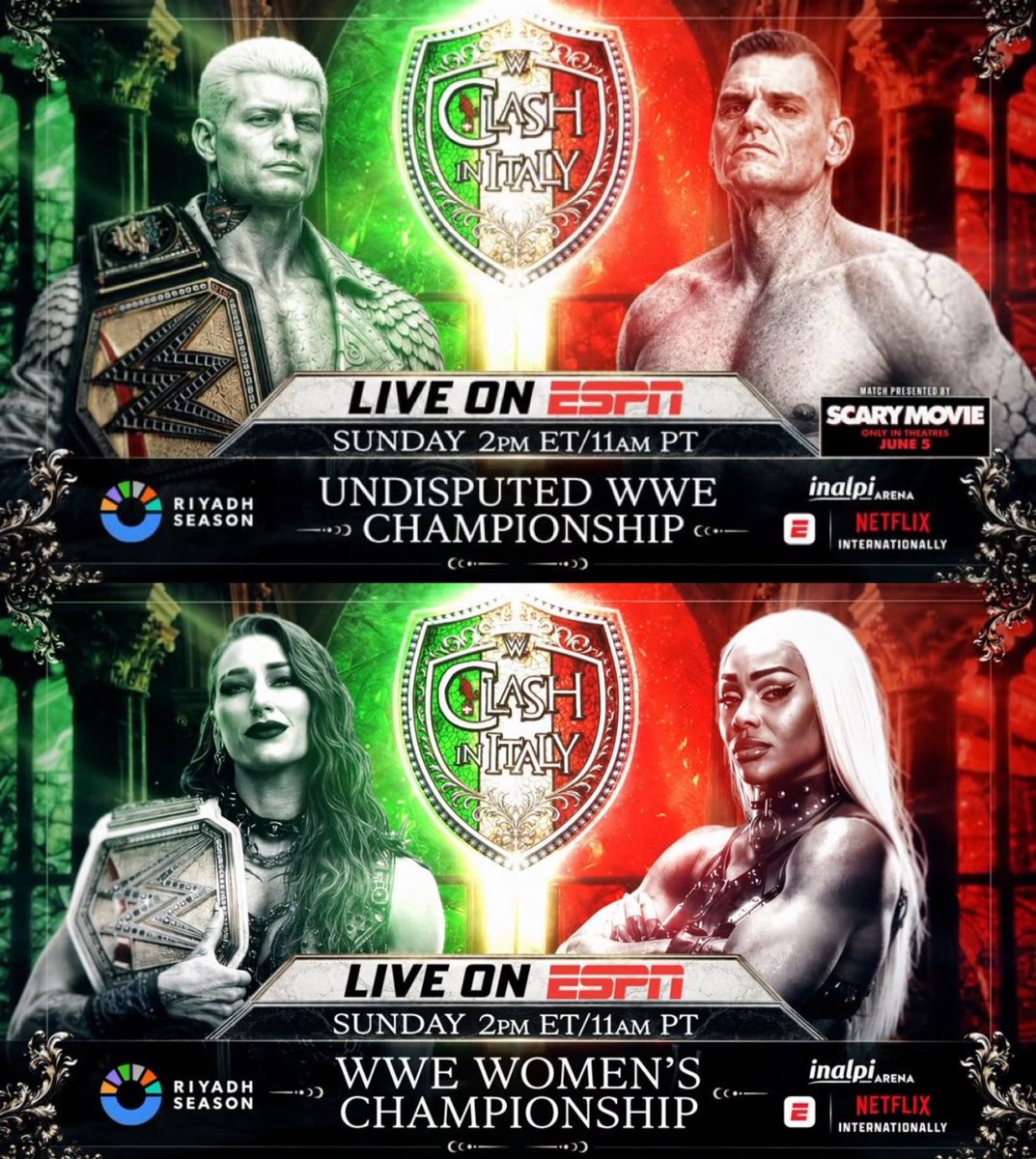 WrestlePurists's tweet photo. The matches at WWE Clash In Italy that will be airing on ESPN in the first hour

• Cody Rhodes vs. Gunther
• Rhea Ripley vs. Jade Cargill

#WWERAW https://t.co/Frlp7aXXEg