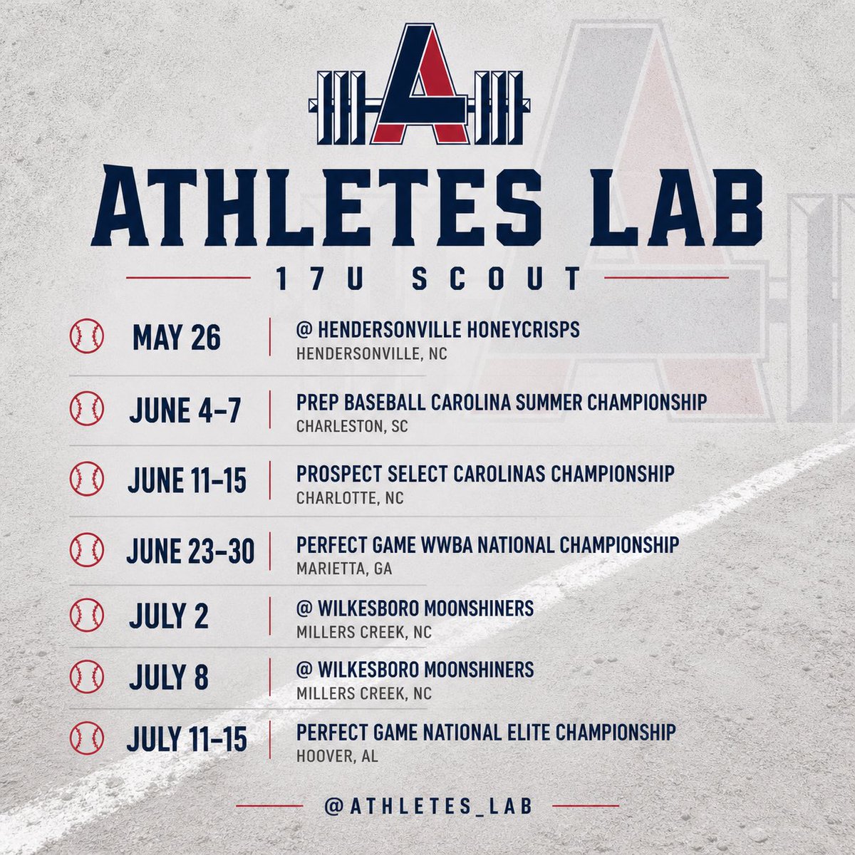 rustycarter01's tweet photo. Summer Schedule for my @Athletes_Lab 17U Scout Team.  First game tomorrow 💪🏼! https://t.co/ceXdxgE5Dm