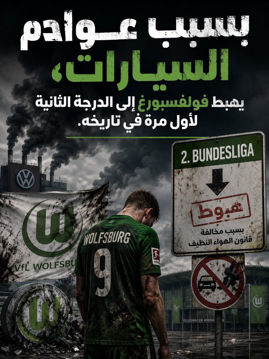 ii__B04's tweet photo. بسبب مخالفة قانون الهواء النظيف هبط فولفسبورغ إلى الدرجة الثانية بعد أن كان فريق محلي مغمور ينافس في الدرجات الأدنى إلى بطل لألمانيا ومنافس بارز في البطولات الأوروبية الكبرى؛

استحوذت شركة فولكس فاجن رسمياً وبالكامل على نادي فولفسبورغ في عام 2001، عندما تحول النادي إلى شركة مساهمة مقفلة (GmbH) وأصبحت مجموعة السيارات المالكة لنسبة 100% من أسهم النادي.

بفضل ضخ الشركة لنحو 100 مليون يورو سنوياً حقق النادي أعظم إنجاز في تاريخه بالتتويج بلقب البوندسليغا لأول مرة موسم 2009 متفوقاً على بايرن ميونخ وبفضل ثنائية هجومية مرعبة مولتها الشركة (دزيكو وغرافيتي).

توج الفريق بلقب كأس ألمانيا موسم 2015 بعد الفوز على دورتموند (3-1) في النهائي، ثم حقق كأس السوبر الألماني في نفس العام ضد بايرن ميونخ.

تأهل النادي إلى ربع نهائي دوري أبطال أوروبا، وفجر مفاجأة مدوية عندما هزم ريال مدريد بنتيجة (2-0) في ذهاب هذا الدور على ملعبه، قبل أن يودع البطولة في مباراة الإياب في مدريد.

بفضل كشافي النادي والقدرة المالية، نجح الاستثمار في جلب مواهب مغمورة وبيعها بصفقات فلكية حققت أرباحاً رأسمالية للشركة:

دي بروين: تم شراؤه من تشيلسي وبيعه لاحقاً لمانشستر سيتي بصفقة قياسية بلغت نحو 75 مليون يورو.
دزيكو: تم تطويره وبيعه لمانشستر سيتي مقابل 32 مليون يورو.
دراكسلر: بيع لباريس سان جيرمان بصفقة قاربت 40 مليون يورو.

في عام 2015، اندلعت فضيحة "ديزل غيت" (Dieselgate) حيث كشفت وكالة حماية البيئة الأمريكية أن فولكس فاجن تلاعبت بالنتائج المخبرية لعوادم سيارات الديزل لتظهر صديقة للبيئة عكس الحقيقة.

وبسبب اضطرار الشركة لمواجهة نفقات ضخمة قامت لتعويض الخسائر الهائلة في عام 2017 بخفض الاستثمار في نادي فولفسبورغ بنسبة 40% مما أثر مباشرة على قدرة الفريق في سوق الانتقالات ورواتب اللاعبين.

واجهت الشركة غرامات، قضايا قانونية، وتكاليف سحب ملايين السيارات، مما كلفها عشرات المليارات من الدولارات.

لقد تجاوزت الخسائر الإجمالية لشركة فولكس فاجن بسبب الفضيحة 33 مليار دولار، مما أدى إلى تحول جذري في سياسة الدعم المالي لنادي فولفسبورغ الألماني وهبوط حاد في نتائجه الرياضية لاحقاً.

بعد الفضيحة أعلن النادي رسمياً تخليه التام عن الصفقات الكبرى ذات الأرقام الفلكية (مثل صفقات دراكسلر وشورله السابقة التي تجاوزت 30 مليون يورو)، والتحول قسرياً للاعتماد على المواهب الشابة واللاعبين ذوي التكلفة المنخفضة.

تأثر الفريق مباشرة بالتقشف؛ ففي موسمي 2016-2017 و 2017-2018 نجا فولفسبورغ من الهبوط إلى الدرجة الثانية بأعجوبة، حيث اضطر في المرتين لخوض "ملحق الهبوط" الحاسم للبقاء في دوري الأضواء، بعد أن كان معتاداً على التأهل لدوري أبطال أوروبا.