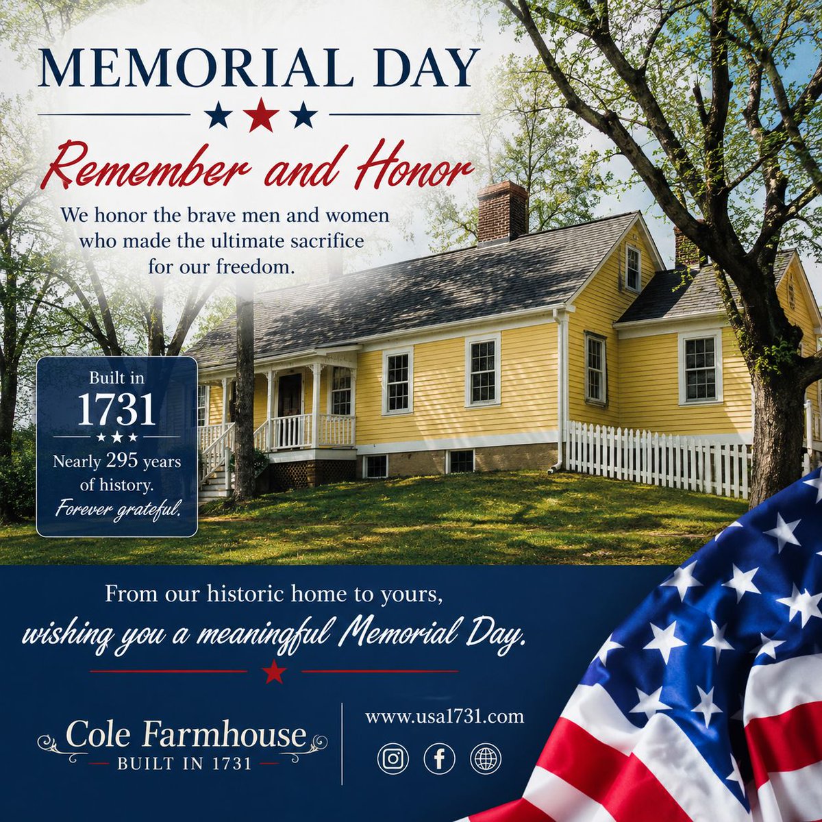 usa1731's tweet photo. 🇺🇸 Memorial Day at Cole Farmhouse 🇺🇸 
Built in 1731, this home has witnessed the story of America unfold and serves as a reminder of the legacy left by those who came before us.
Wishing everyone a meaningful Memorial Day.
#MemorialDay #Remember&amp;Honor #ColeFarmhouse #HistoricHome https://t.co/wDbNX9GVpP