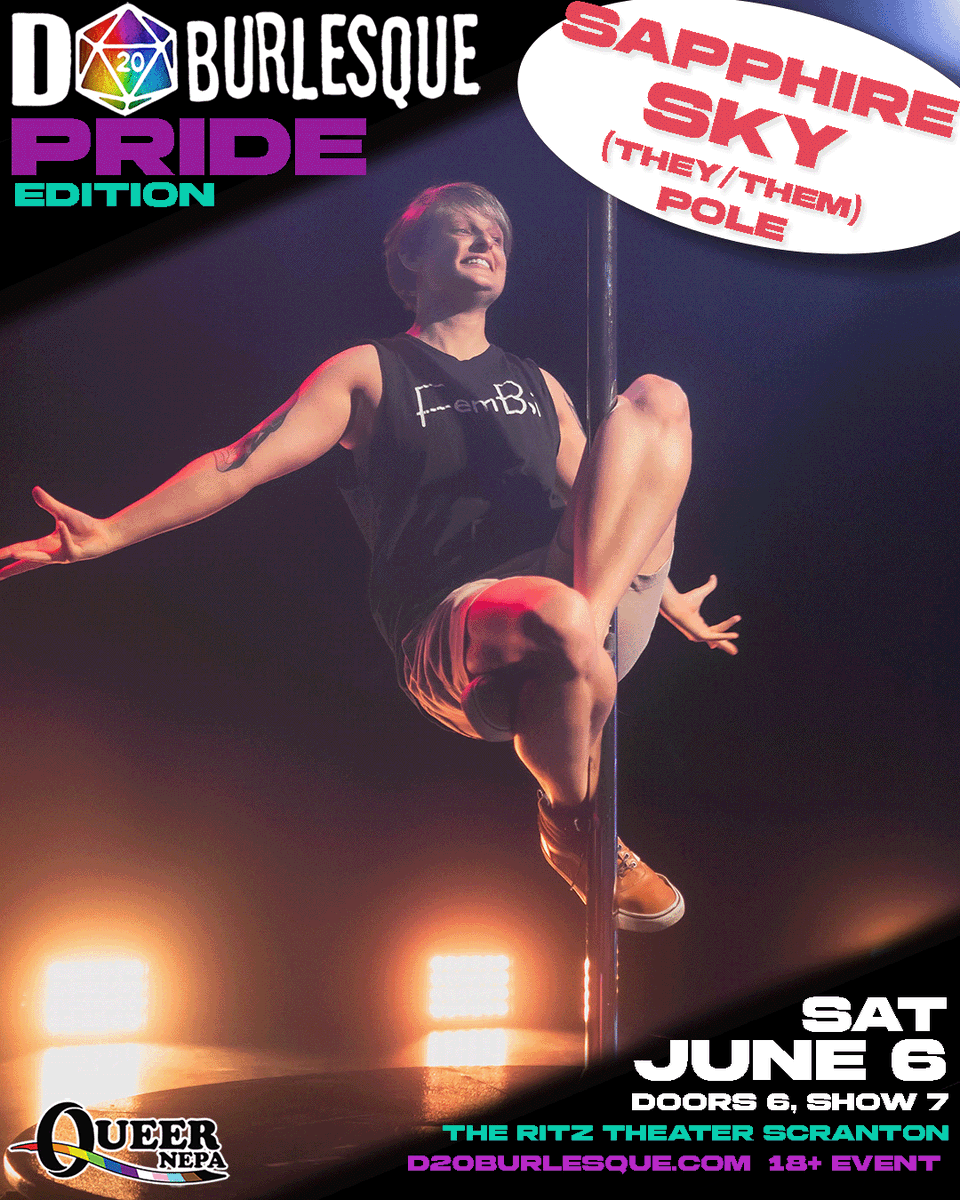d20burlesque's tweet photo. PERFORMER SPOTLIGHT: Sapphire Sky
They're here, they're queer, and they're probably gonna do a flip
Sapphire is a pole performer and instructor based in the jersey Shore. 
Don't miss Sapphire June 6th
D20 Burlesque Pride Edition
The Ritz Theater- Scranton, PA https://t.co/VrjWYxe7wJ
