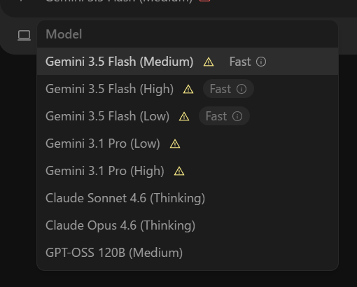 TanakaMidnight's tweet photo. AntigravityにGemini 3.5 Flash(Low)来たけど並び順がカオス https://t.co/p0OzyEuqrM
